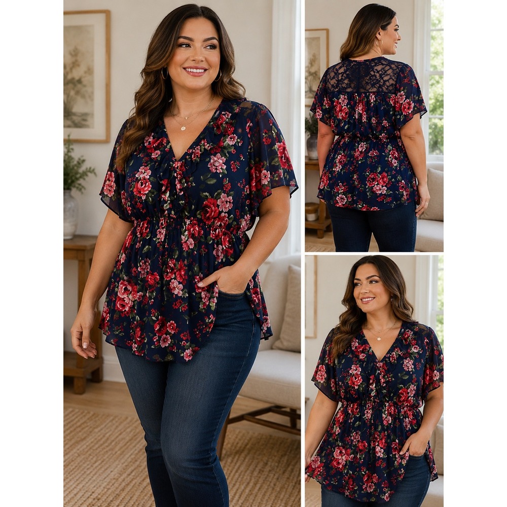 Womens 2X Ivy Rose Blouse Top Navy Blue Floral Ruffle Split V-Neck Lace Detail